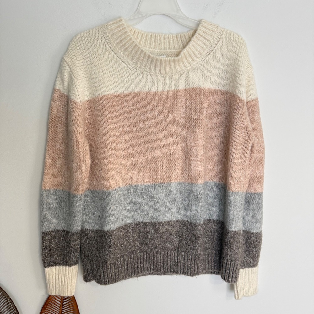 Allude Mohair Blend Colorblock Striped Crewneck Sweater Pink Grey Cream Small